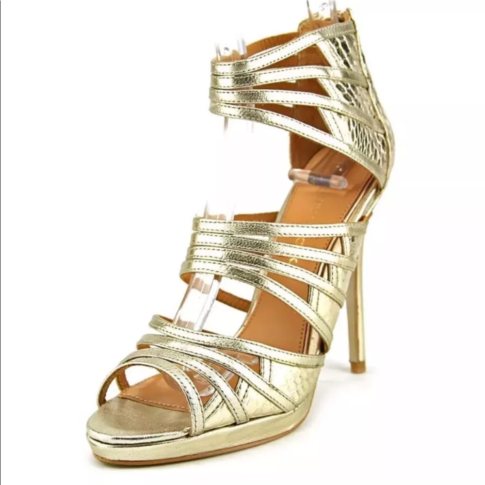 Badgely Mishka Gold Leather ankle sandals heels 9 $345 - Picture 3 of 4